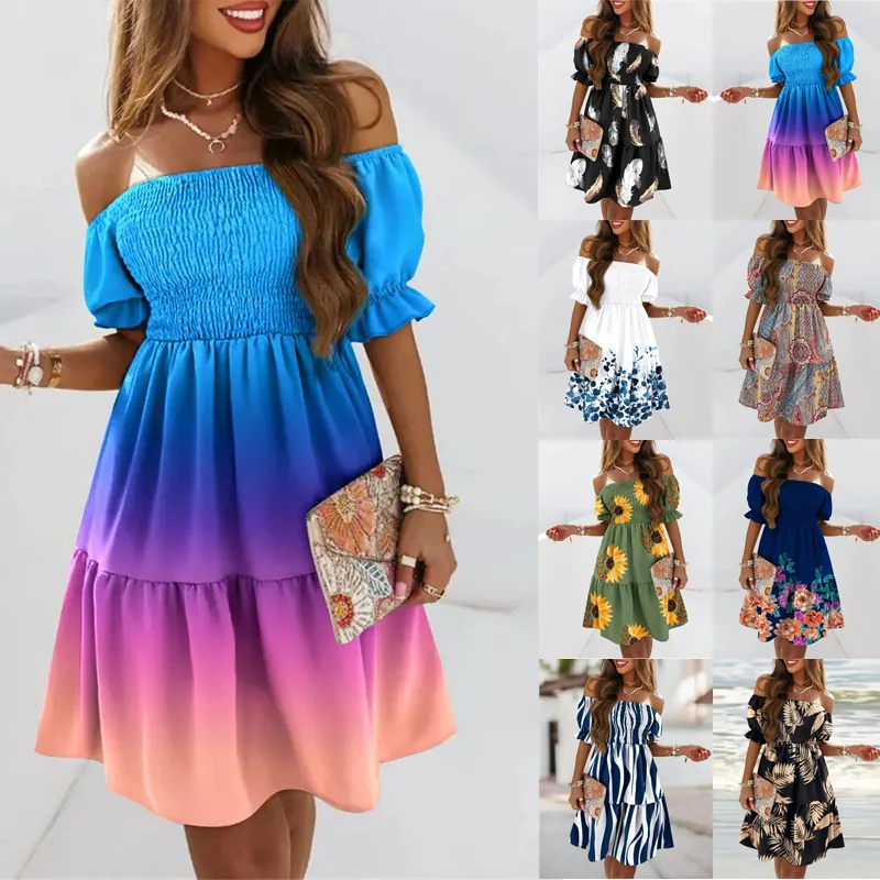 

2023 Europe, America and Asia New Short Sleeve One Line Neck Waist Fold Print Dress Y2k Elegant and Pretty Women's Dresses