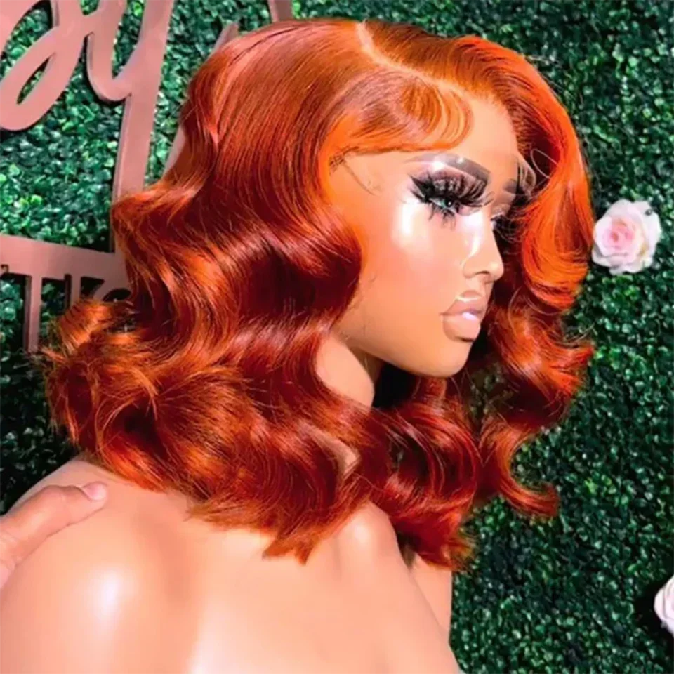 Ginger Orange BOB Human Hair Lace Frontal Wig Pre Plucked Loose Wave Short Wigs for Women 13x4 Curly Bob Perruque Cheveux Humain