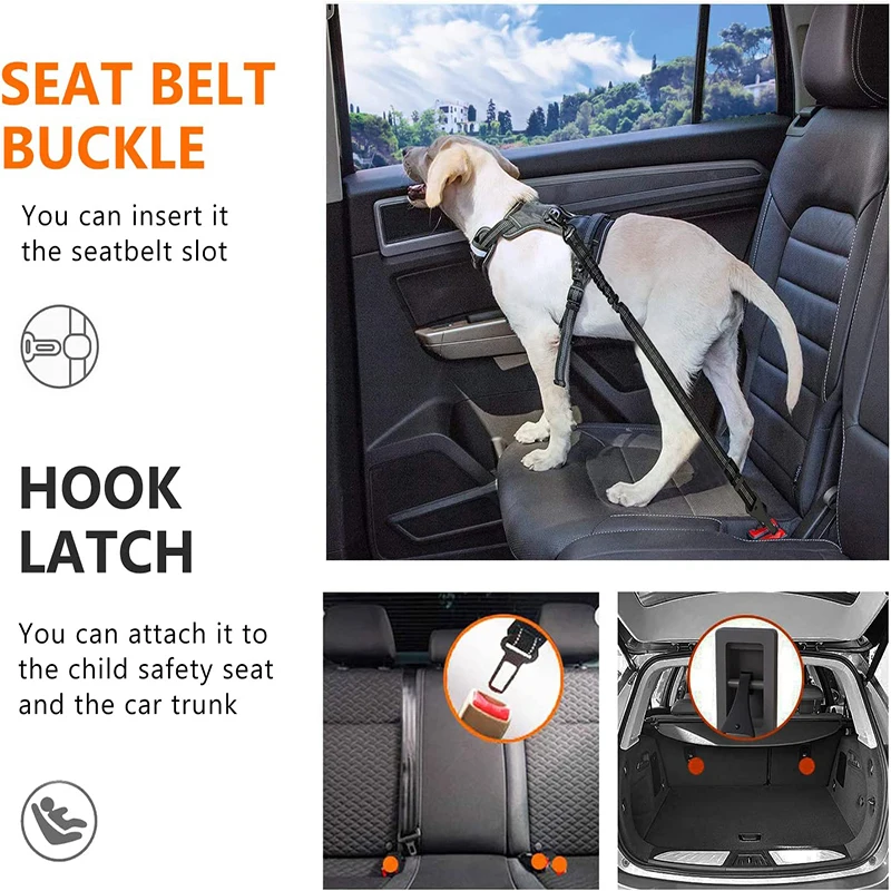 Dog Seat Belt Pet Seat Belt Bungee 2 In 1 Latch Bar Attachment Elastic Reflective Vehicle Travel