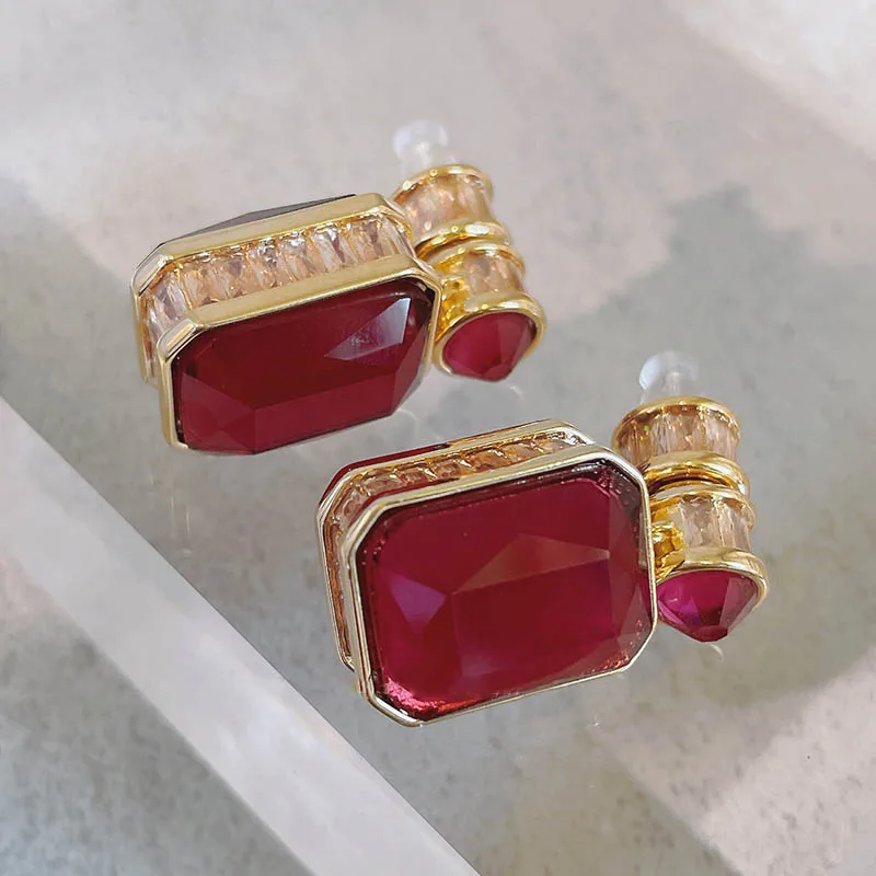 

French antique red crystal luxury earrings square geometry pendant jade romance wedding Festive ear jewelry