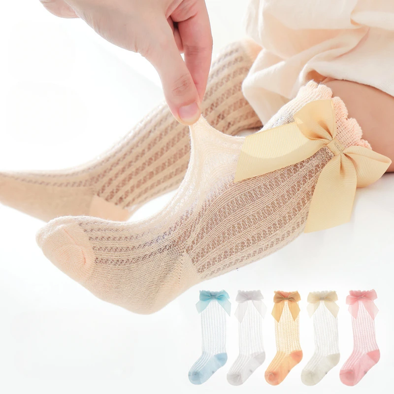 Baby Socks 0-2Years Baby Girl Socks with Bow Summer Toddler Baby Cotton Mesh Knee Socks Newborn Infant Non-slip Princess Long