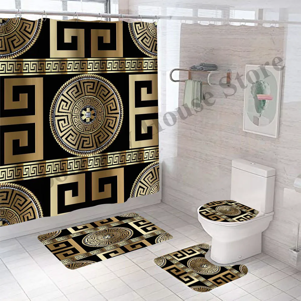 3D Luxury Greek Bathroom Curtains Shower Curtain Set Modern Geometric Ornate Red Rose Bath Rug Toilet Carpet Decor