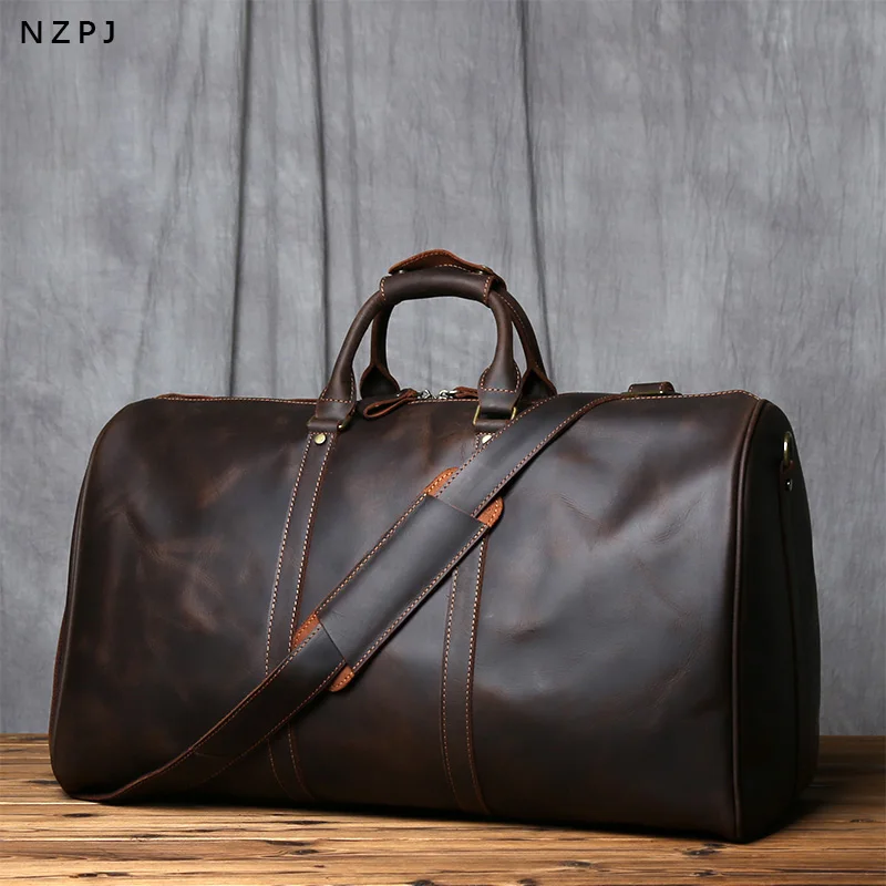 Travel bags Crossbody bag NZPJ Vintage Genuine Leather Men's Travel Bag Large Capacity Crazy Horse Leather Handbag Natural Cowhide Shoulder Crossbody Bag
