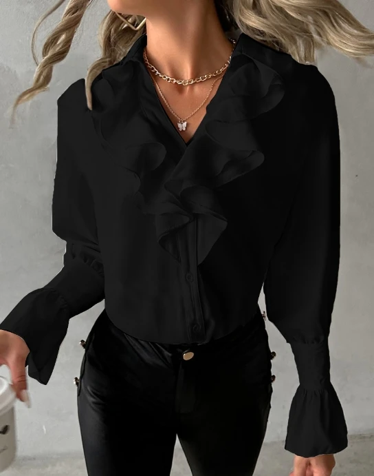 Fashion Woman Blouse 2023 Spring Ruffled Solid Color Casual V-Neck Long Sleeved Daily Shirt Top Y2K Clothes