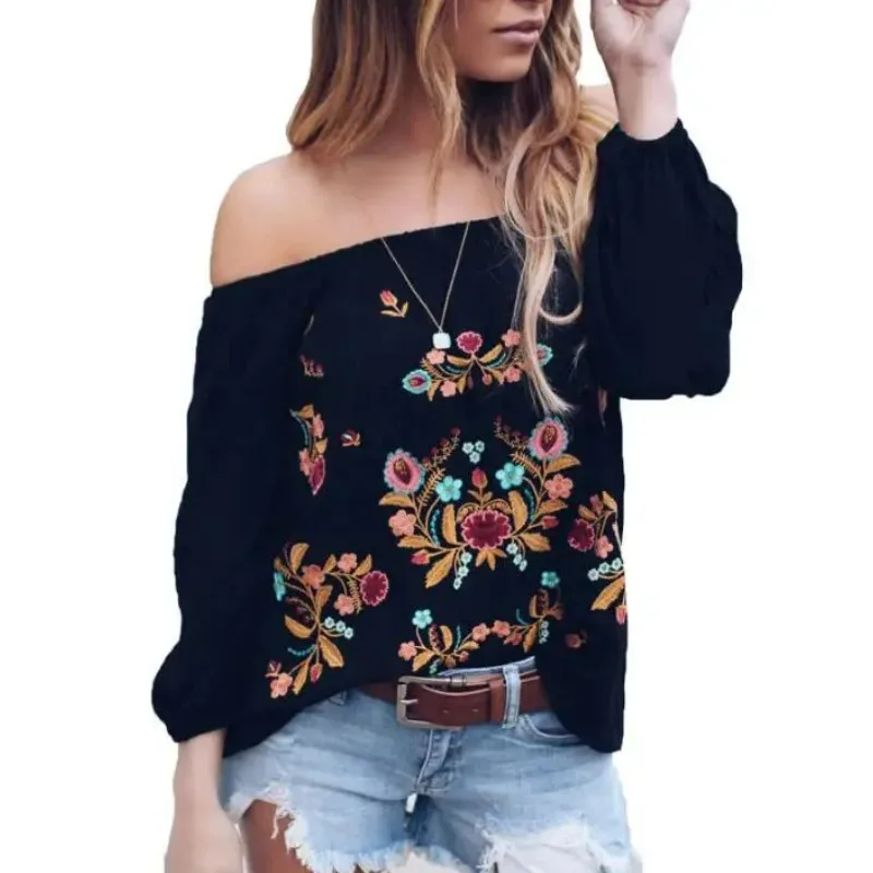 

Sexy Chiffon Off Shoulder Women Floral Embroidery Shirts Tops 2022 Fashion boho Black Femme blusas