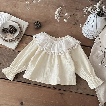 طقم ملابس للفتيات للربيع والخريف بعمر 0-3 سنوات مع ياقة لوتس وأكمام طويلة وسراويل بحزام من الدانتيل طقم مكون من قطعتين 5