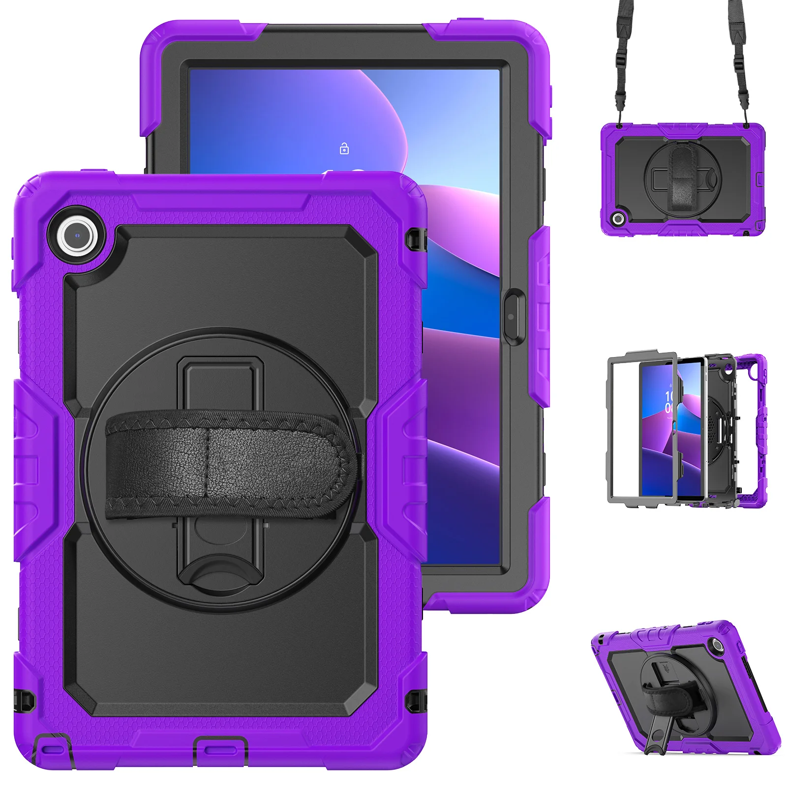 Rugged Armor Tablet Case with Screen Protector and Rotating Stand - Heavy Duty Cover with Shoulder Strap