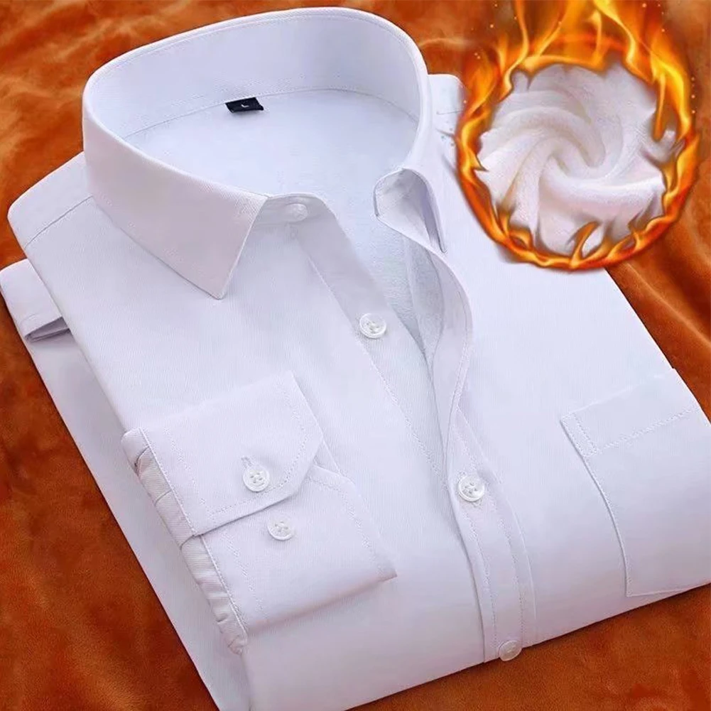 

Long Sleeve Men Shirt Casual Plush Lining Polyester Relaxed Dress Solid Color Wedding Button Down Formal Comfy