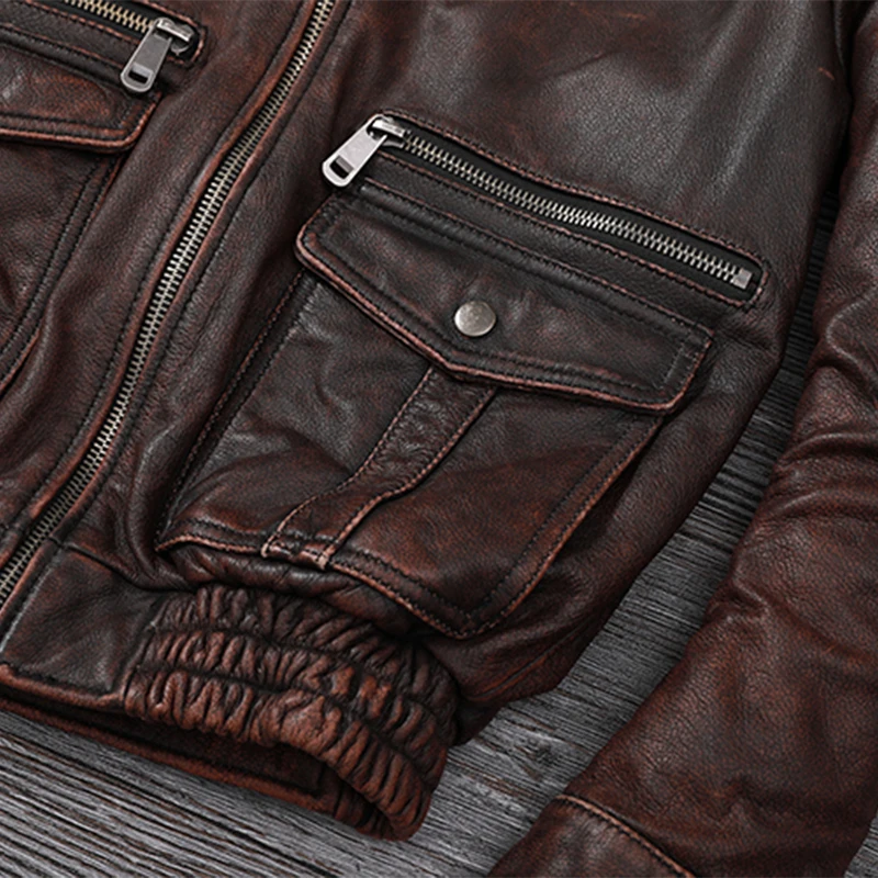 Men Stone Distressed Genuine Leather Jacket Top Layer Cowhide Air Force Flight Vintage Fashion Redbrown