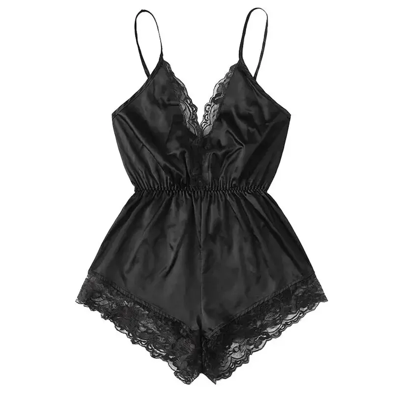 Women Suspender Pajamas Summer V-Neck Sexy Lace Patchwork Integrated Backless