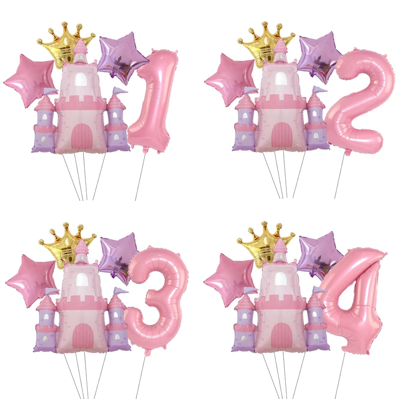 Prinzessin Schloss Kronenballon mit 40 Zoll rosa Zahlenballon für Prinzessin Thema Mädchen Geburtstag Party Dekoration Babyparty