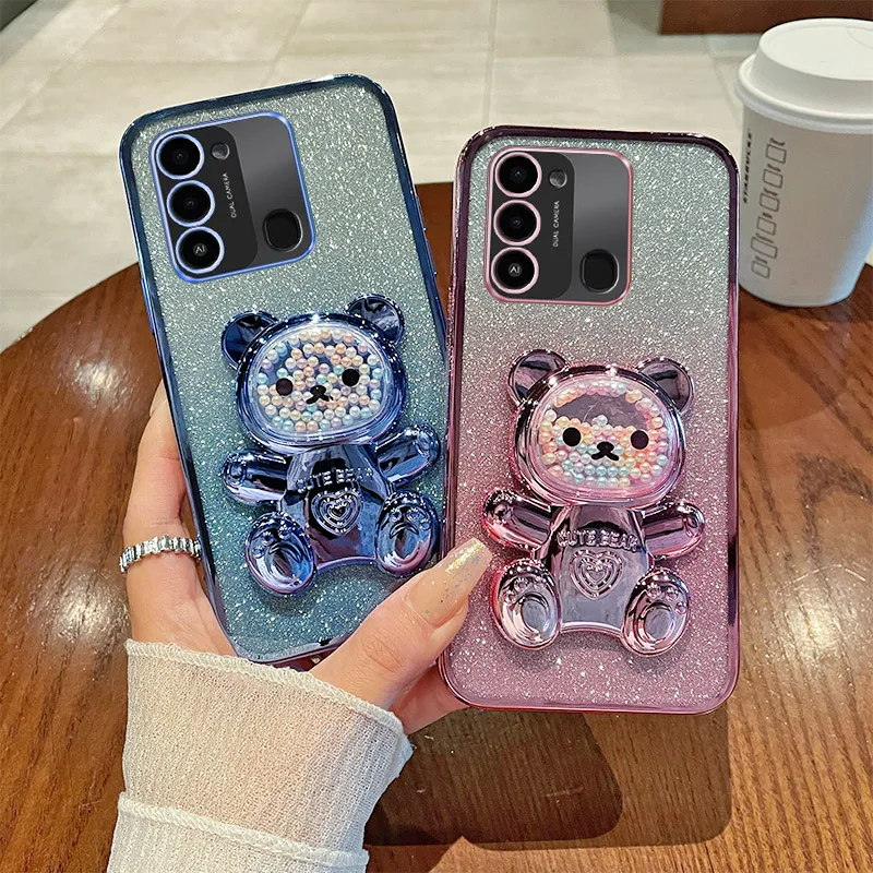 

Case For Infinix Tecno Spark Go 2022 Spark 8C Spark 9 Luxury Gradient Glitter Plating Quicksand Beads Cute Bear Holder Cover