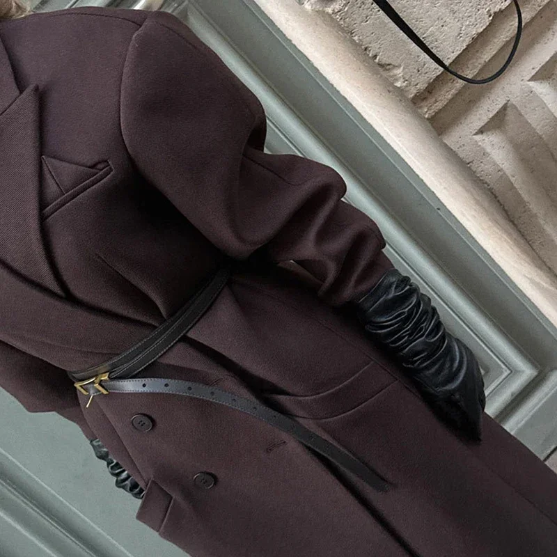 Elegant Lapel Pocket Woolen Long Trench Coat Women Fashion Full Sleeve Loose Overcoat Autumn Winter Lady Commute Outwear