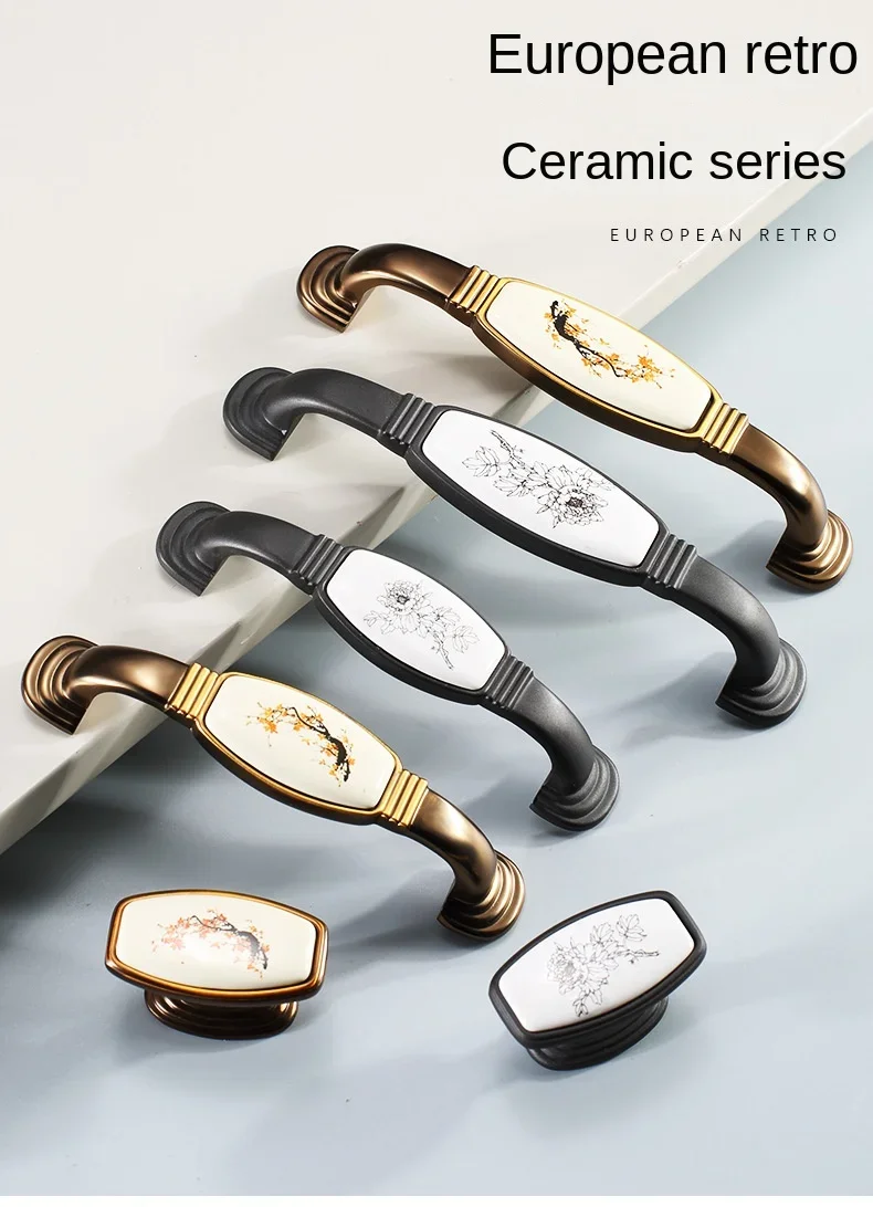 Description Picture 2 of itemVintage Zinc Alloy+Ceramic Cabinet Knobs and Handles European Style Gold/Black Kitchen Door Handle Pulls Furniture Hardware