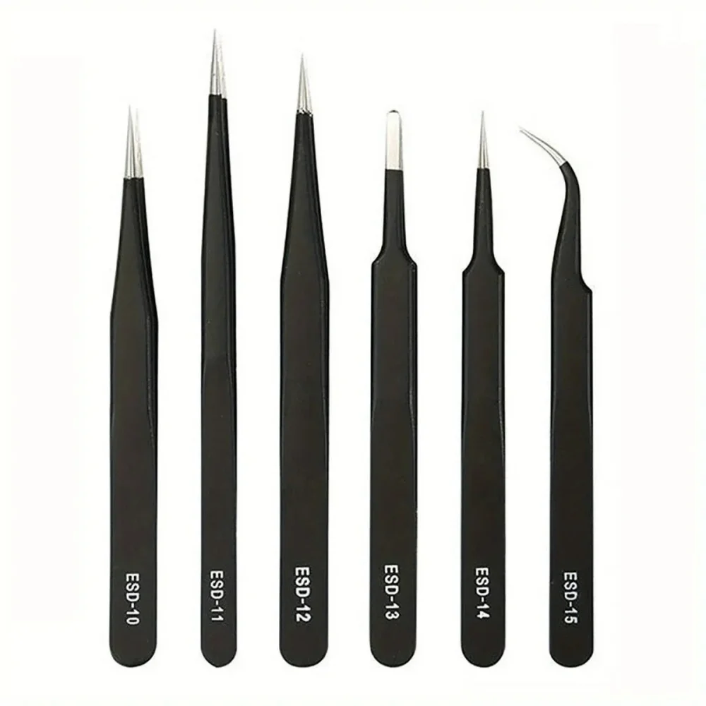 6-Pcs ESD Anti-Static Precision Tweezers Stainless Steel Tool For Electronic Repair Process Modeling Bending Curved Straight Tip