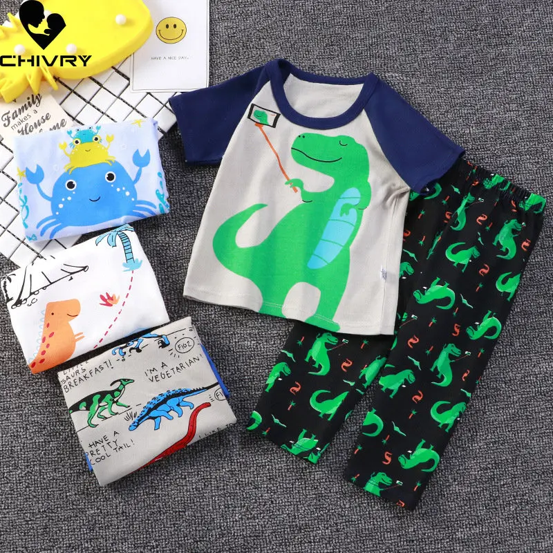 

New 2023 Kids Boys Clothing Sets Summer Cartoon Print Short Sleeve O-Neck Cute T-Shirt Tops with Pants Baby Girls Casual Pajamas