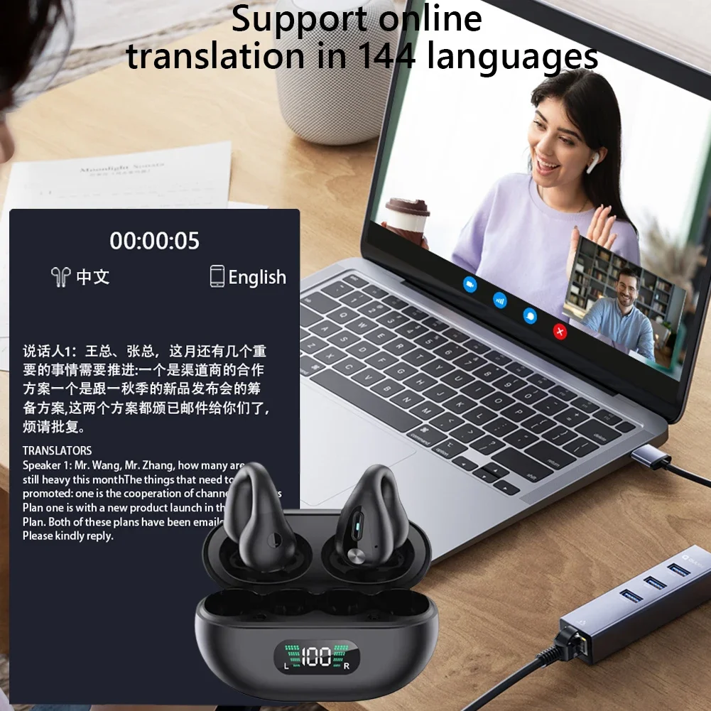 Smart AI Translator Earbuds 144 Languages Noise Cancelling Wireless BT Headset Instant Translator Smart Voice Real Time