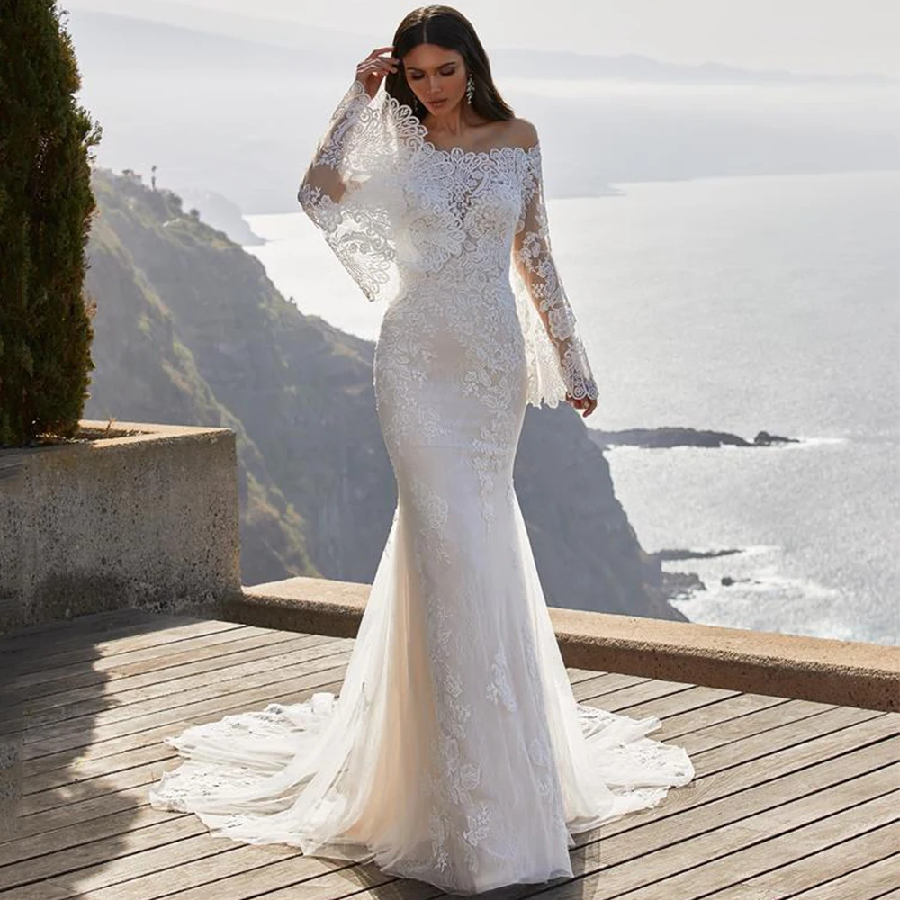 

Elegant Tulle Applique Flare Long Sleeve Wedding Dress Off the Shoulder Illusion Bohemia Mermaid Bridal Sweep Train Gowns