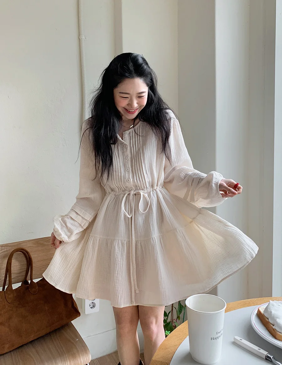 

Korean Fashion Girls Loose Dress Long Lantern Sleeves Thin Spring Fall Design for Elegant Lady Mini Length