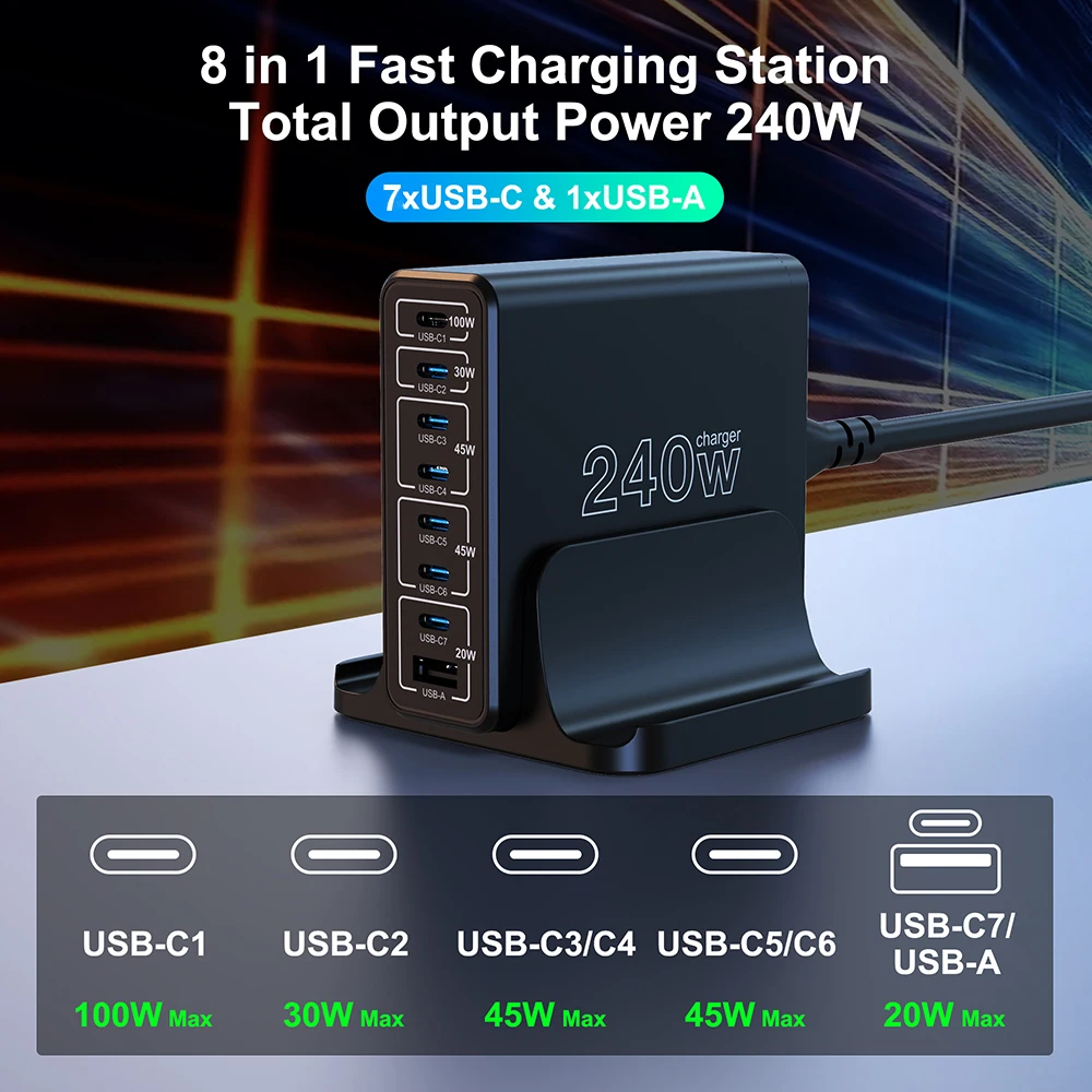 Ubigbuy USB C Charging Station 8 Ports GaN Desktop
