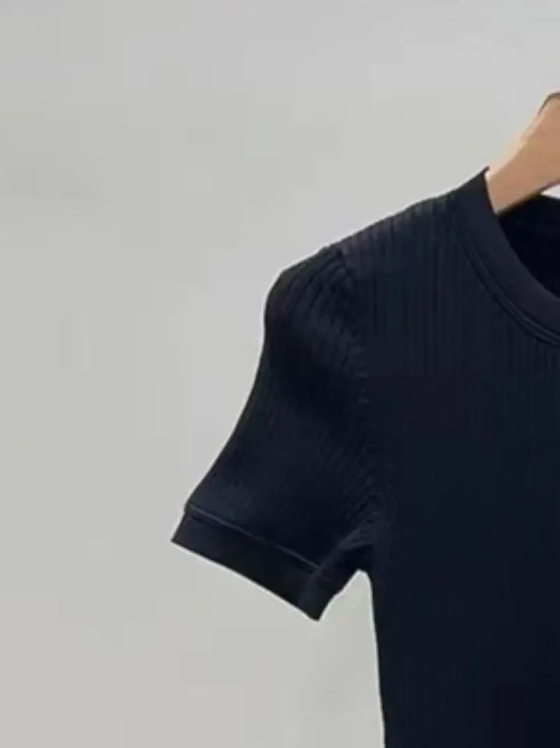 

2024 Spring Summer Women Single Breasted Short Sleeve Round Neck Elegant Black Mini Dress