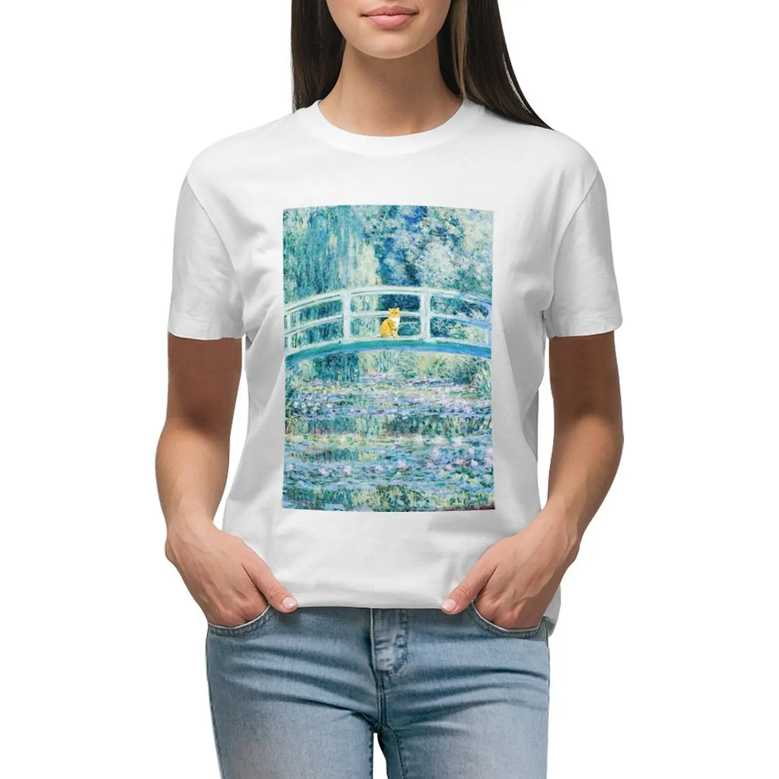 

Funny Orange Cat Water Lilies and Japanese Bridge by Claude Monet T-shirt Blouse tees cotton t shirts Women