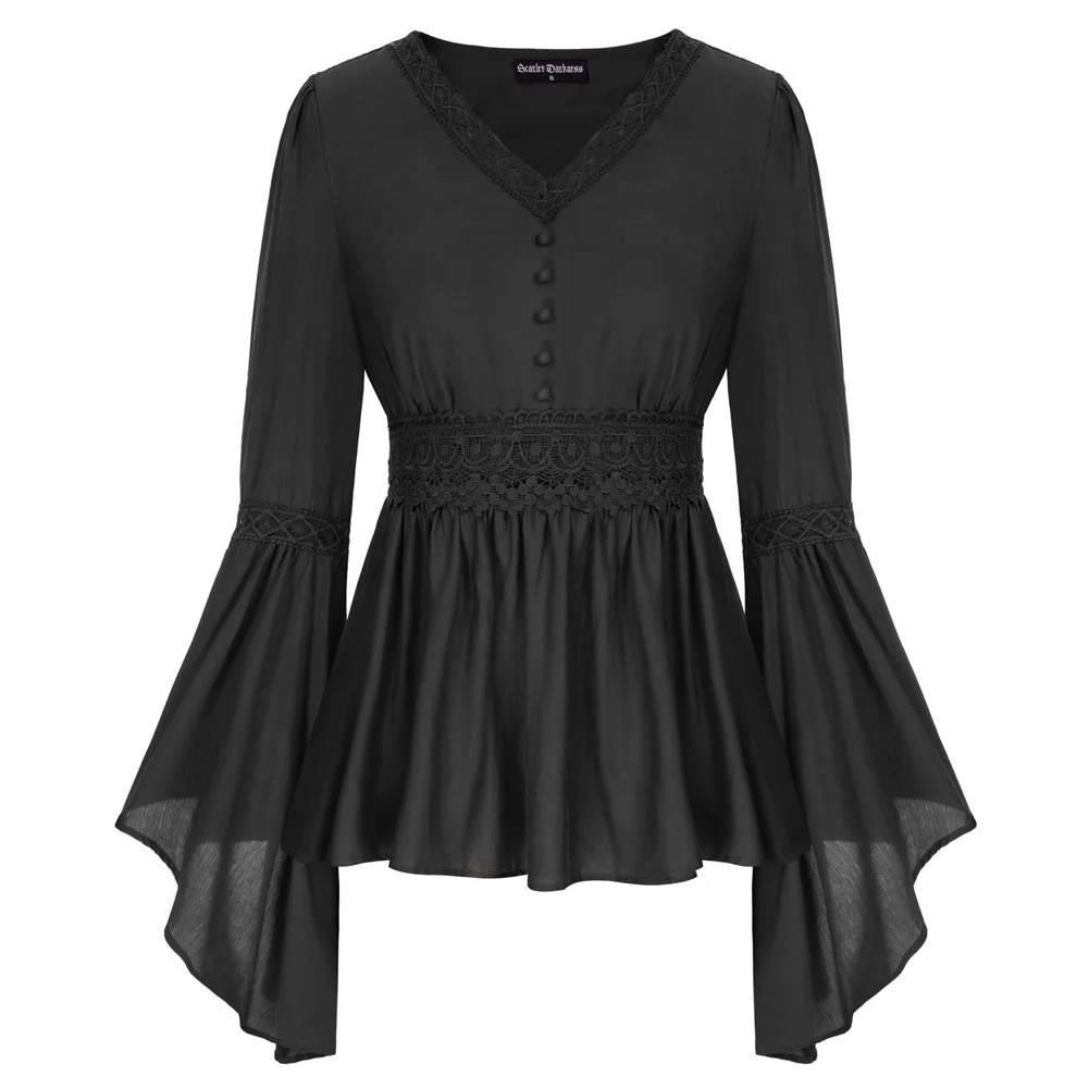 

SD Women Renaissance Elastic Waist Tops Long Bell Sleeve V-Neck Pullover Tops