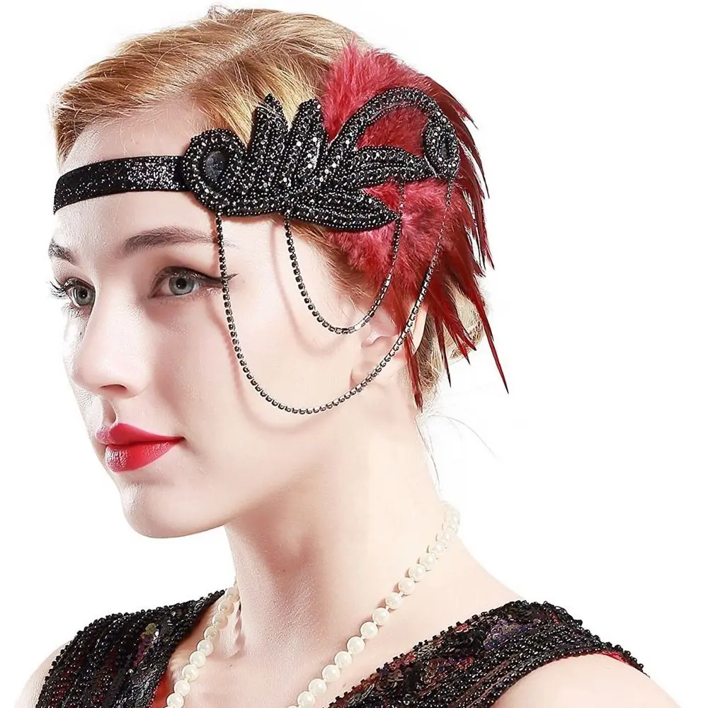 

Chain Stage Performance Hair Band Masquerade Party Hair Accessories Korean Style Headband Feather Headwear Sequin Hair Band