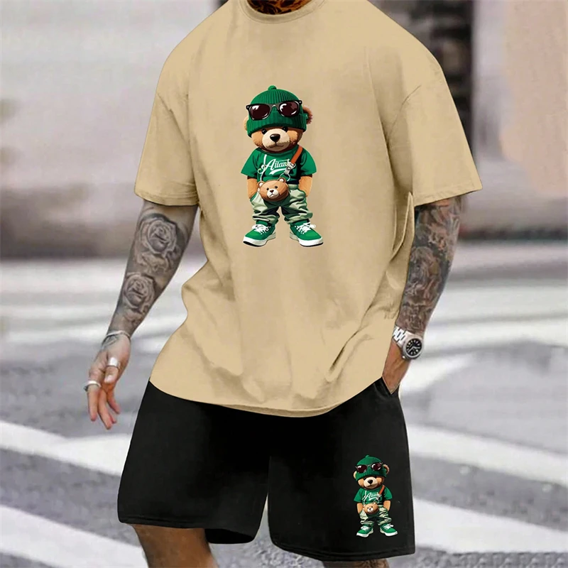 2024 Fun Bear Harajuku T-Shirt Men's Summer Loose Daily Couple Suit Outdoor Street Short Sleeve Shorts Two Piece Men Summer Suit 4