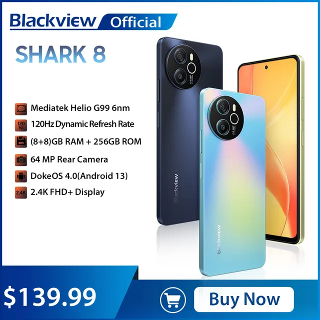Blackview SHARK 8 الهاتف الذكي Android13 G99 الهاتف المحمول 6.78 بوصة 120 هرتز 2.4K عرض 16 (8 + 8) GB RAM 256GB ROM 64MP كاميرات الهواتف 1