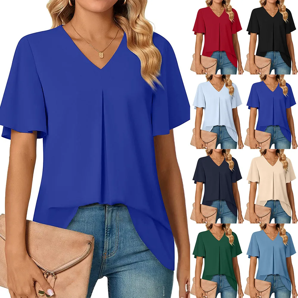 Dámské letní elegantní šifonové halenky s výstřihem do V, krátkým rukávem, tunikou, topem, legínami, ležérním tričkem 621_voghion.com