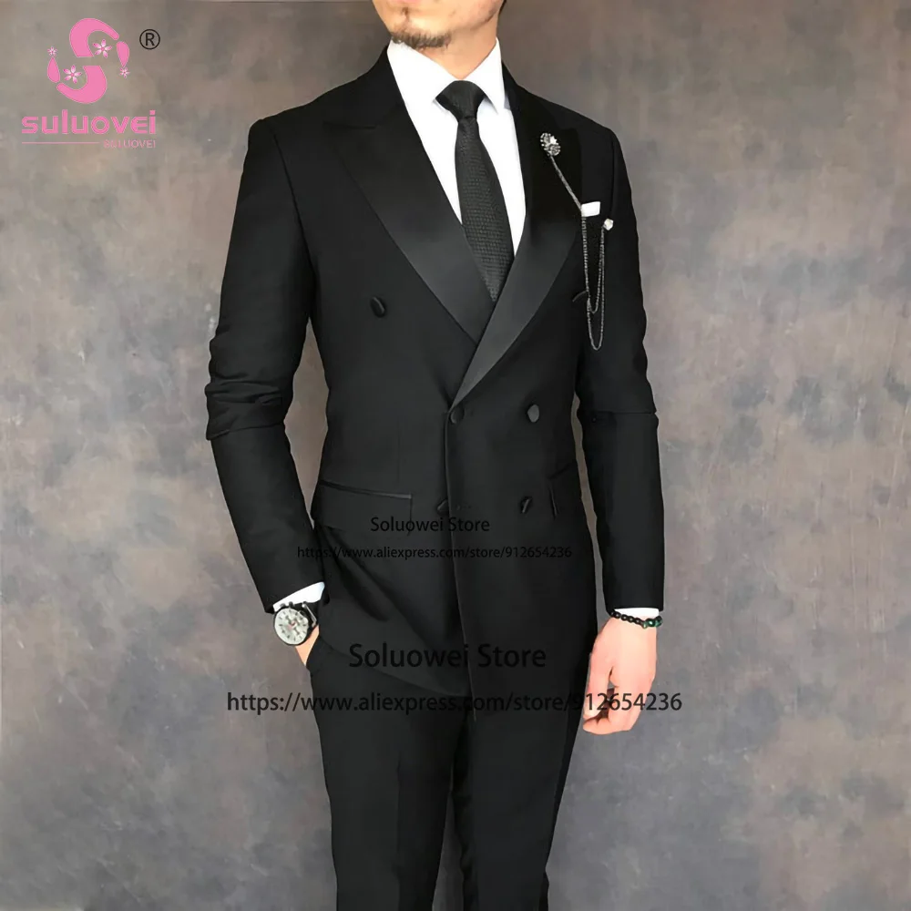 Fashion Groom Wedding Double Breasted Tuxedo Slim Fit 2 Piece Jacket Pants Set Business Blazer Formal Peaked Lapel Suits For Men