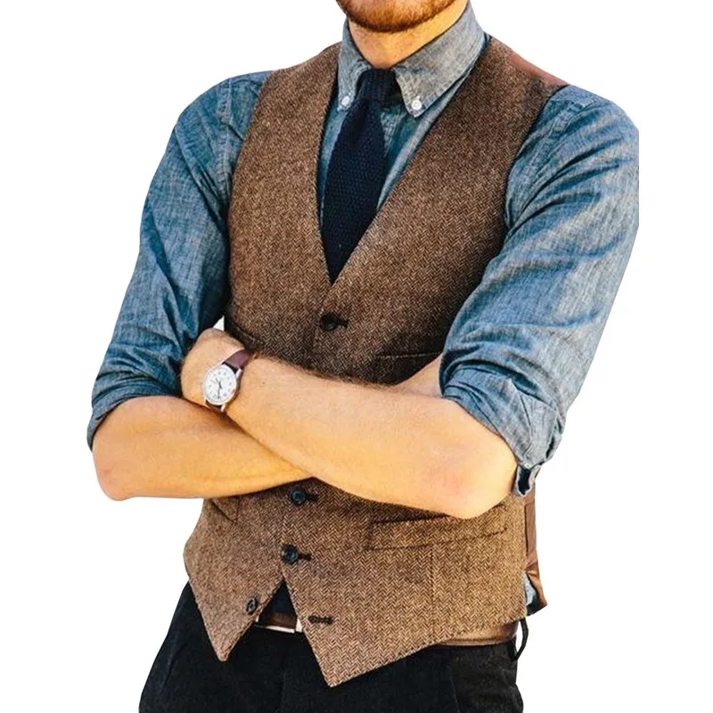 Mens Suit Vest V Neck Herringbone Slim Fit Formal Green/Black/Brown Business Single-breasted Waistcoat Groomman For Wedding