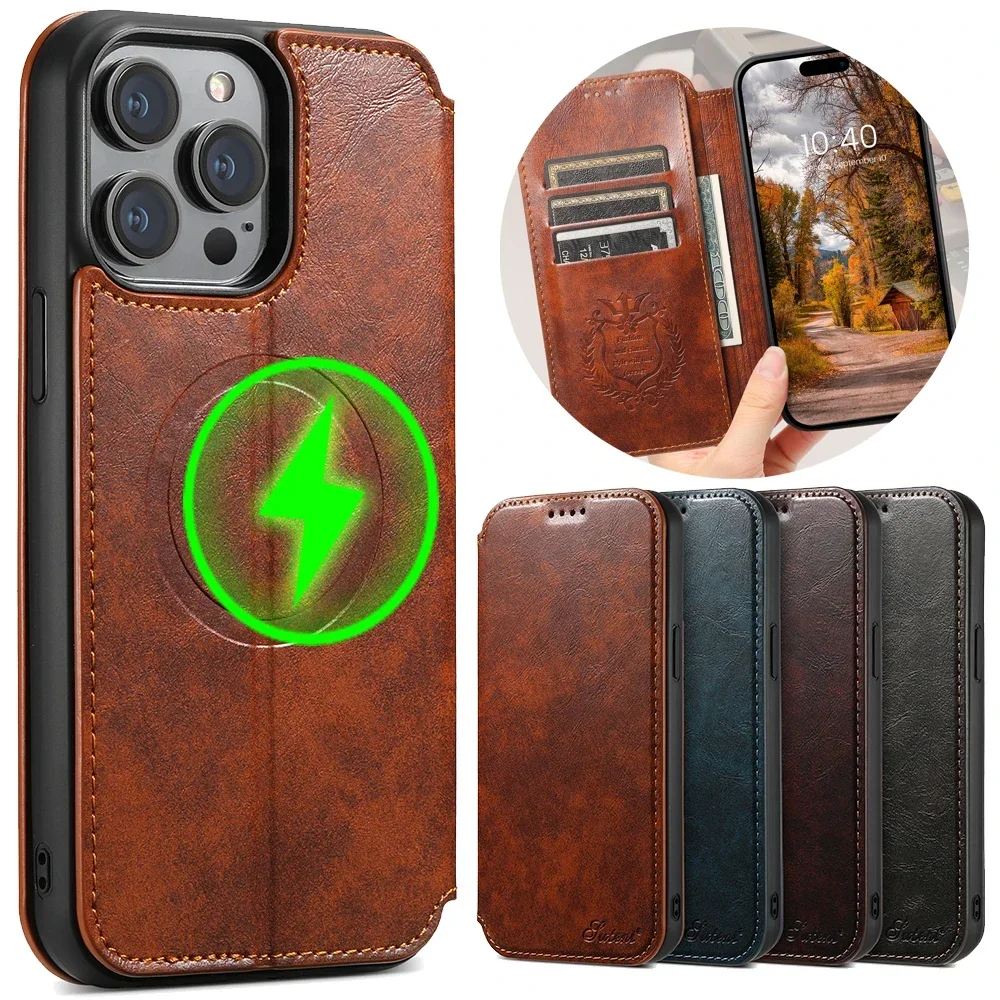 Magnetic Leather Wallet Phone Case with Wireless Charging & Kickstand