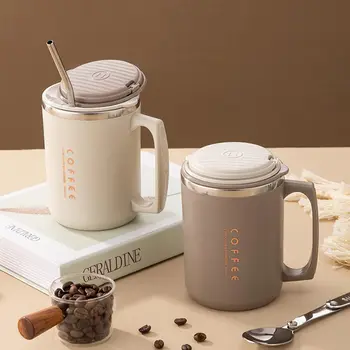 WORTHBUY 뚜껑이 달린 304 스테인리스 스틸 커피 머그잔, 숟가락 빨대, 학생 및 성인용 온열 우유 커피 컵, 주방 음료 용기, 480ml