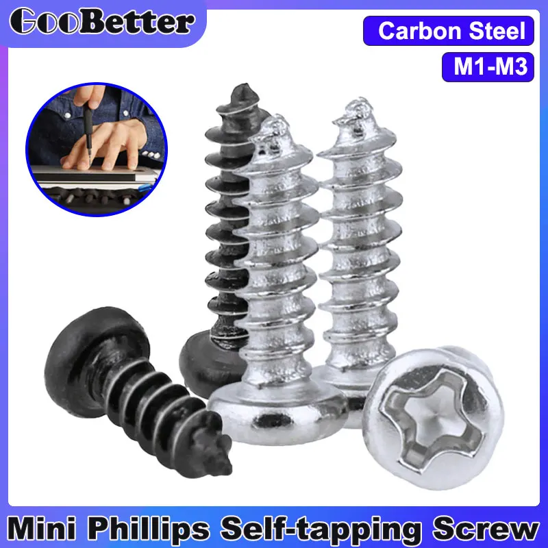 

20/50/100Pcs Round Head Phillips Self-Tapping Screw M1 M1.2 M1.4 M1.7 M2 M2.3 M2.6 M3 Carbon Steel Small Machine Screws Bolts