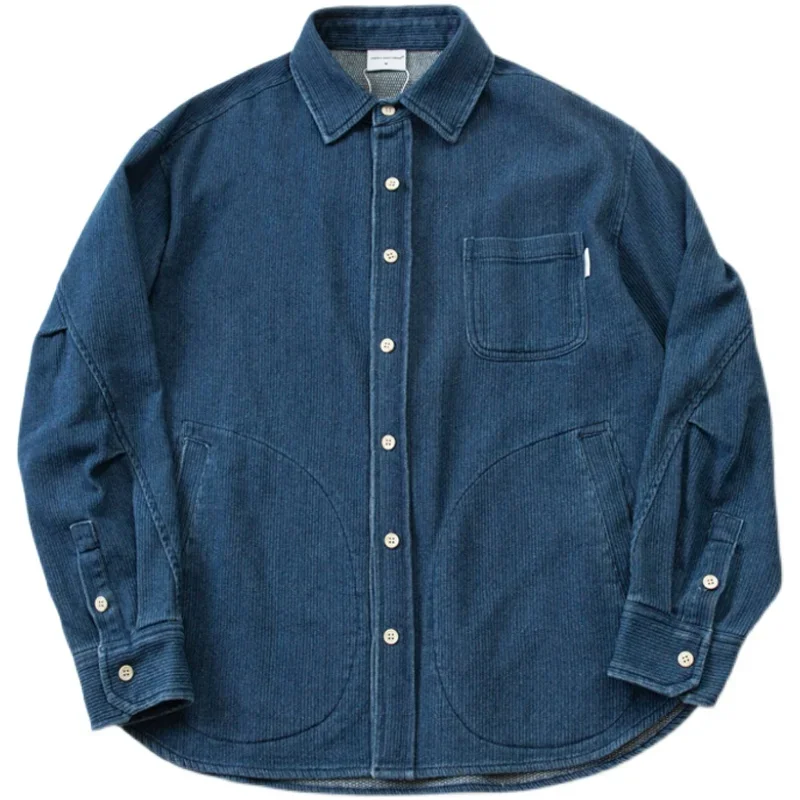 Japanese Autumn and Winter Indigo Texture Fabric Denim Shirt Men's Fashion Solid Color Long Sleeve Loose Wash Jacket