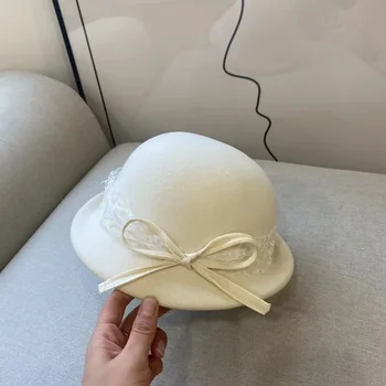 Elegant mesh lace bow top hat for ladies Autumn-winter retro fashion British wool beret for Ladies curled-up little top hat