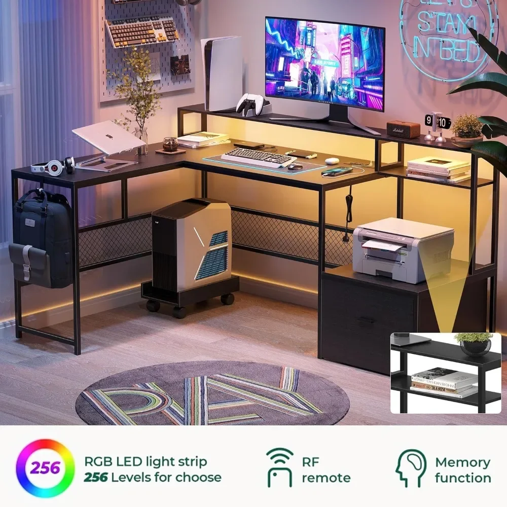 "66-inch executive corner desk with storage, power outlet, and led lighting"