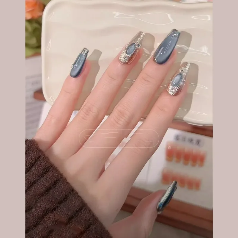 

10pcs Long Trapezium Fashion Pure Handmade Fake Nail Press Type Detachable Reusable Blue Light Bulb Cat Eye Nail Decoration Art