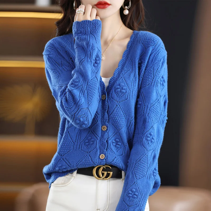 

Cashmere Sweater Women's Knitted Cardigan For Fall/winter New100% Pure Wool Cardigan Hollow Out Long-sleeve Korean Fashion Coat