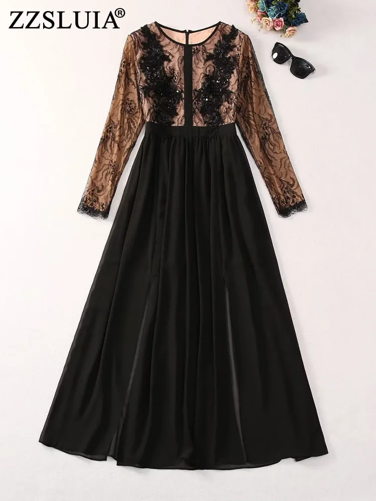 

ZZSLUIA Выпускные платья для женщин бисер лоскутное дизайнерское тонкое длинное платье модное кружевное элегантное платье с длинным рукавом Женская ткань