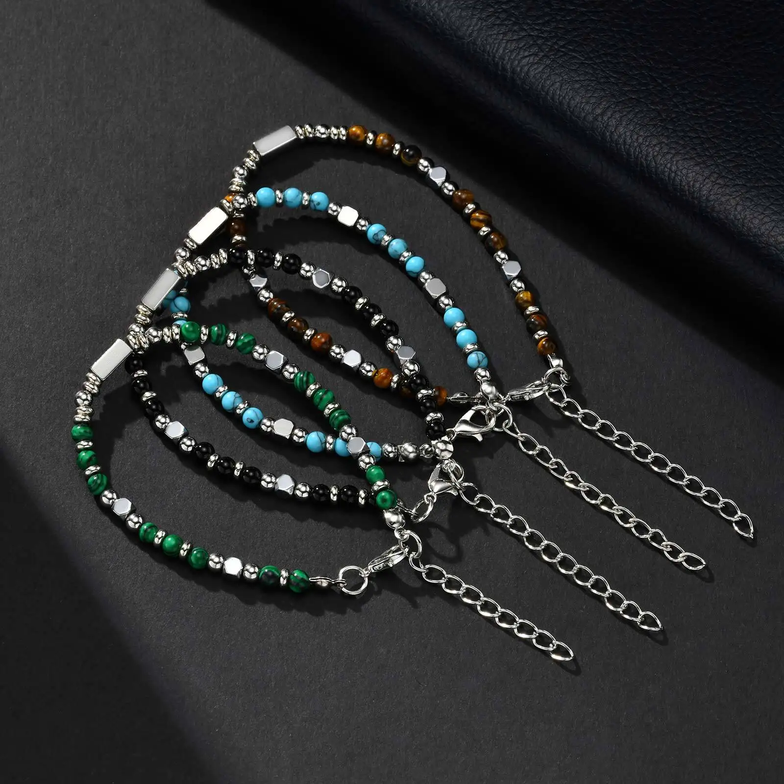 Crystal Wheel Beaded Bracelet for Men Boys,Stainless Steel Tube Natural Stone Wristband,Stylish Bohemian Jewelry Gift