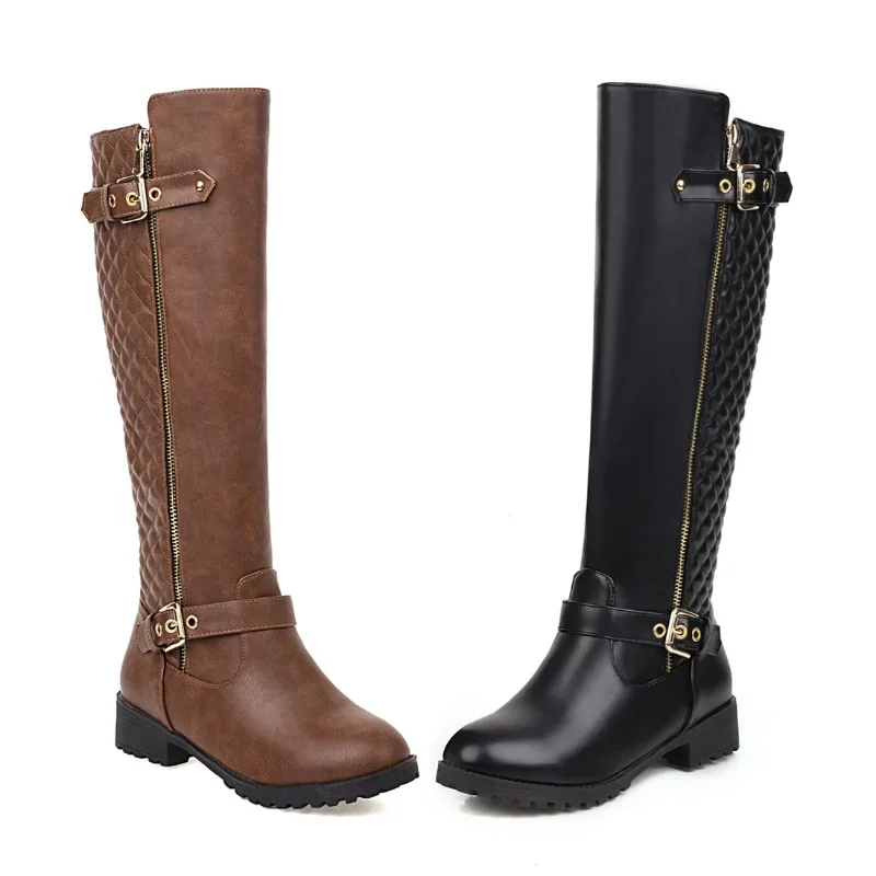 Autumn Winter Women's Long Plus Size 22-27 Cm Grid Splicing Side Zip Fashion Knee High Boots women knee boots