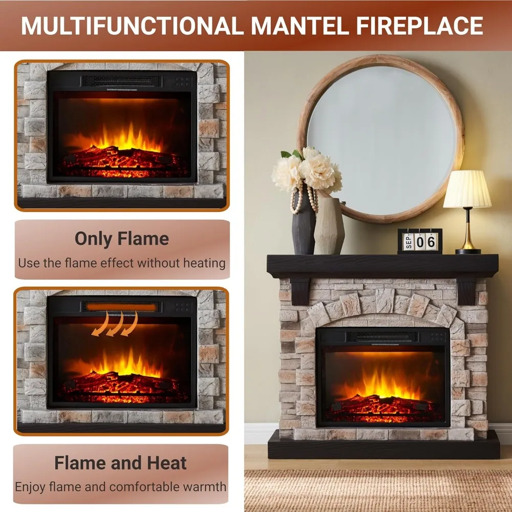 Electric Fireplace with Mantel, 40”W Faux-Stone Fireplace Mantel, Tall Fire Place Freestanding,40”Wx12”Dx35”H 4