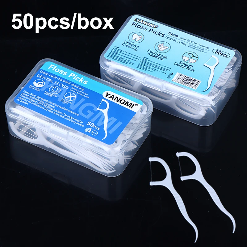 50pcs Portable Disposable Dental Floss Plastic Toothpick High-tension Dental Floss Stick Dental Box Oral Care