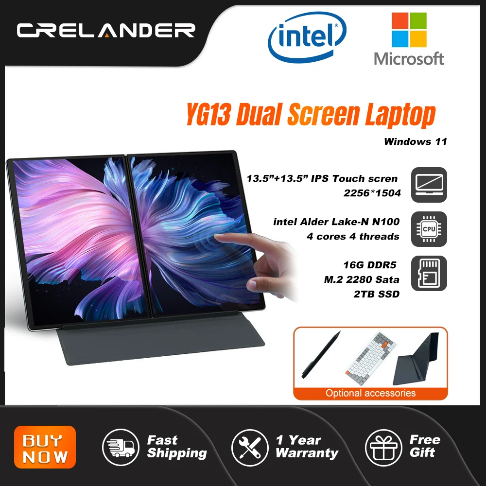 

CRELANDER YG13 Dual Screen Laptop Intel N100 CPU 13.5 Inch 2.5k Touch Screen DDR5 16GB M2 SSD YOGA Laptop Notebook Tablet PC