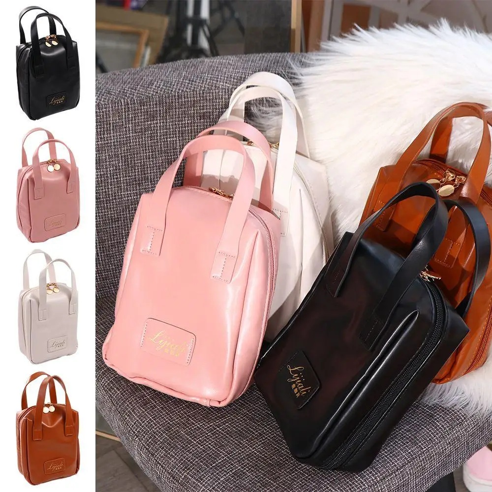 travel makeup bag large zipper cosmetic pouch skincase storage case waterproof pvc organizer bag for women tote handbag Letter PU Leather Cosmetic Bag Elegant Zipper Waterproof Travel Wash Bag Handbag Large Capacity Makeup Pouch Bag Female/Girls