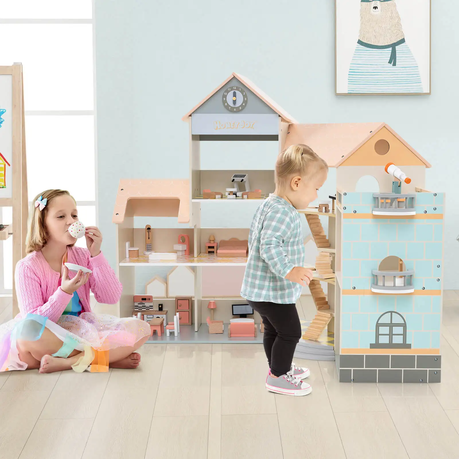 Wooden Corner Dollhouse Playset with 41 Pieces of Furniture and Accessories 4