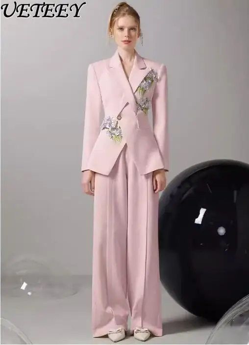 

High-End Designer Model Blue Graceful Suit Coat Set Spring New Three-Dimensional Flower Commuter Jacket Wide Leg Trousers Outfit